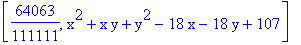 [64063/111111, x^2+x*y+y^2-18*x-18*y+107]